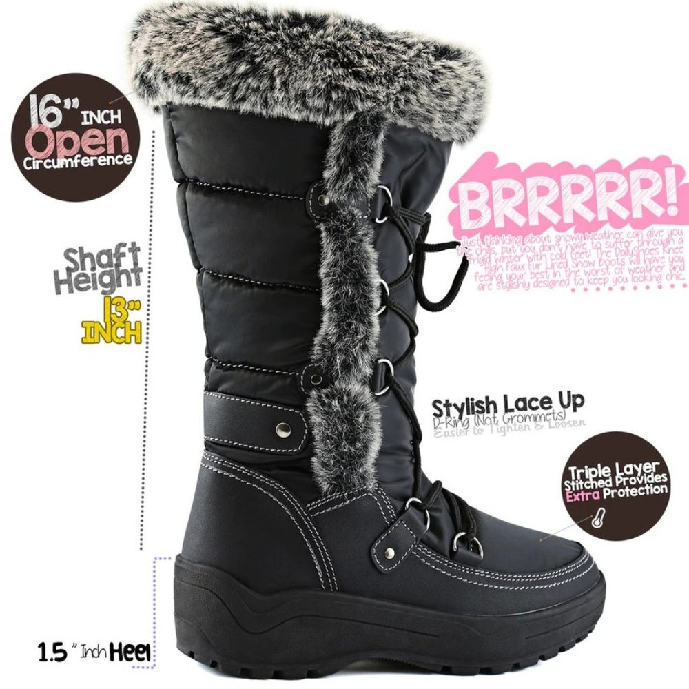 Ladies Boots Size 8 1/2 M by Daily Shoes Faux Fur Waterproof Black Quilt Lace Up - Picture 11 of 13